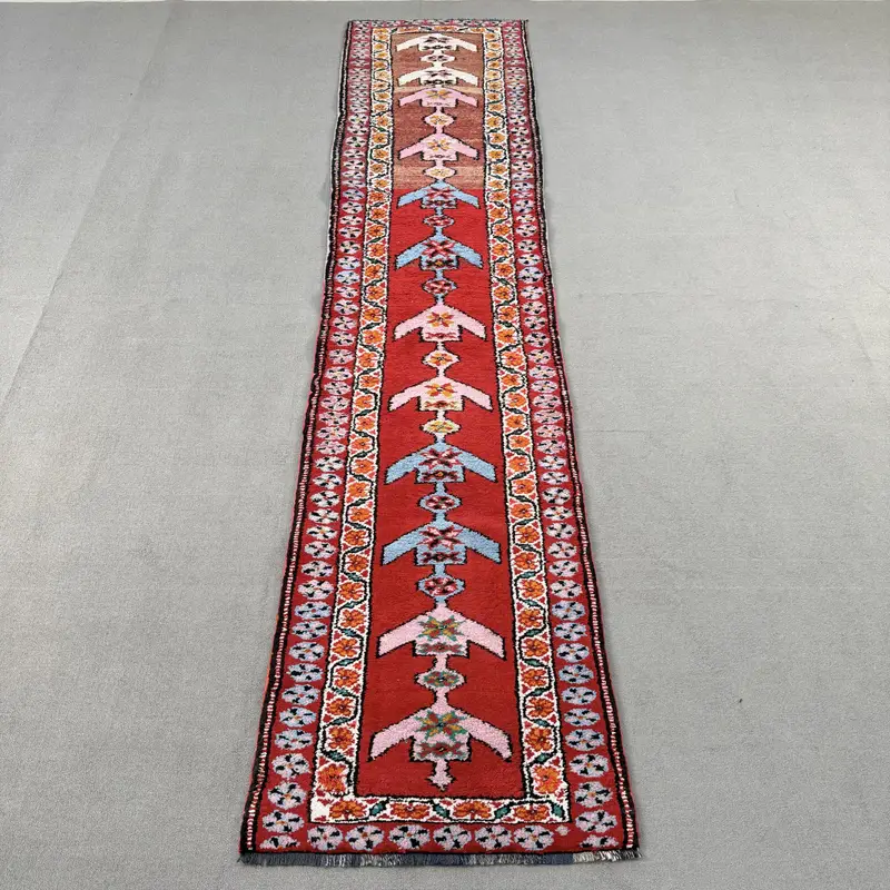 Vintage Turkish Runner Rug 2.5x11.2 ft, Red Blue Oriental Rug - 1