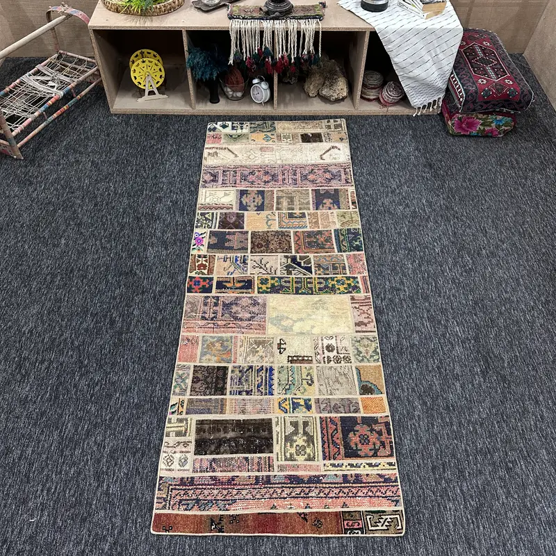 Alfombra turca vintage, alfombra Herki de 2,7x7,4 pies, alfombra de lana patchwork arco iris - 1