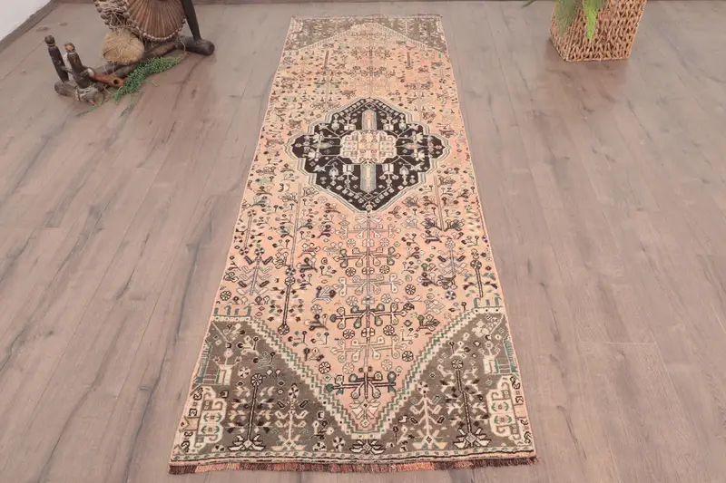 Vintage Turkish Oushak Rug 2.6x8.2 ft (80x250 cm), Brown Plants & trees Wool Rug - 1