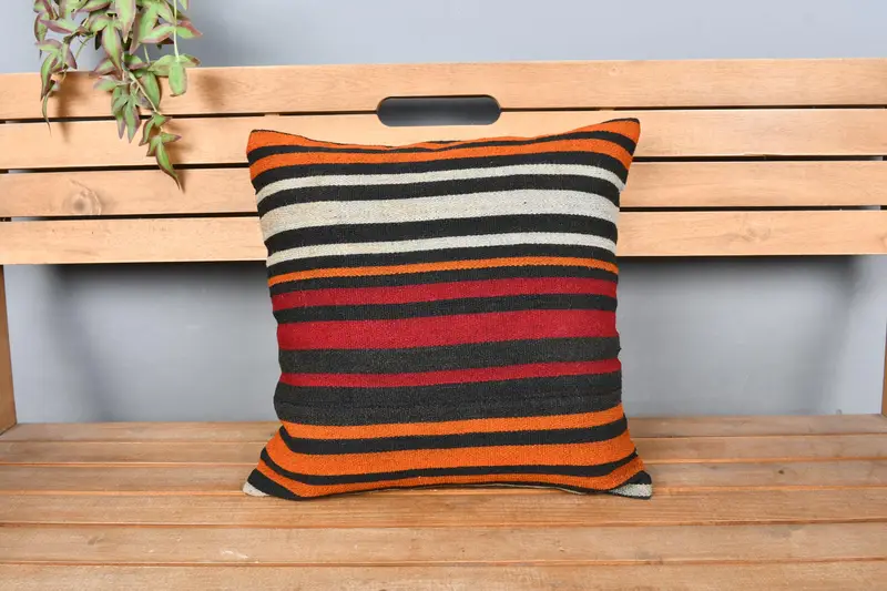 Authentic Cushion Case, 18x18 Orange Pillow, Cushion Cover, Boho Pillow, Turkish Pillow, Kilim Cushion Sham - 6
