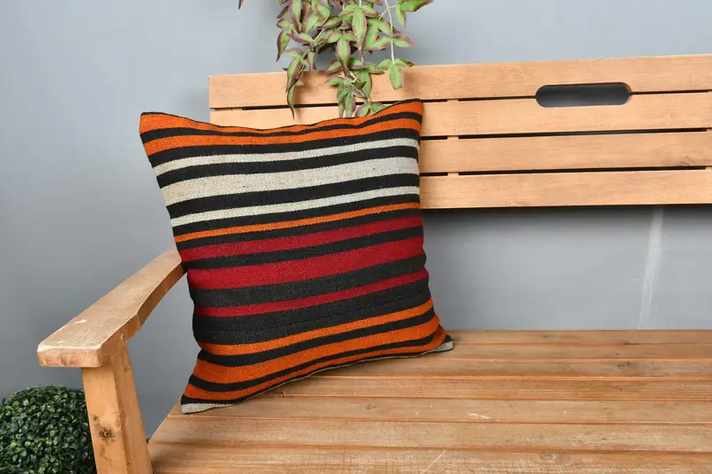 Authentic Cushion Case, 18x18 Orange Pillow, Cushion Cover, Boho Pillow, Turkish Pillow, Kilim Cushion Sham - 1