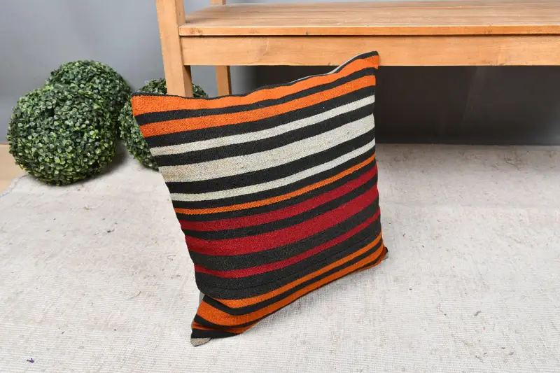 Authentic Cushion Case, 18x18 Orange Pillow, Cushion Cover, Boho Pillow, Turkish Pillow, Kilim Cushion Sham - 7
