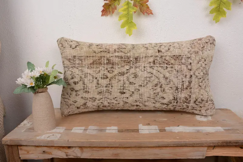 Handmade Beige & Brown Floral Throw Pillow, 12x24 Vintage Rectangle Pillow