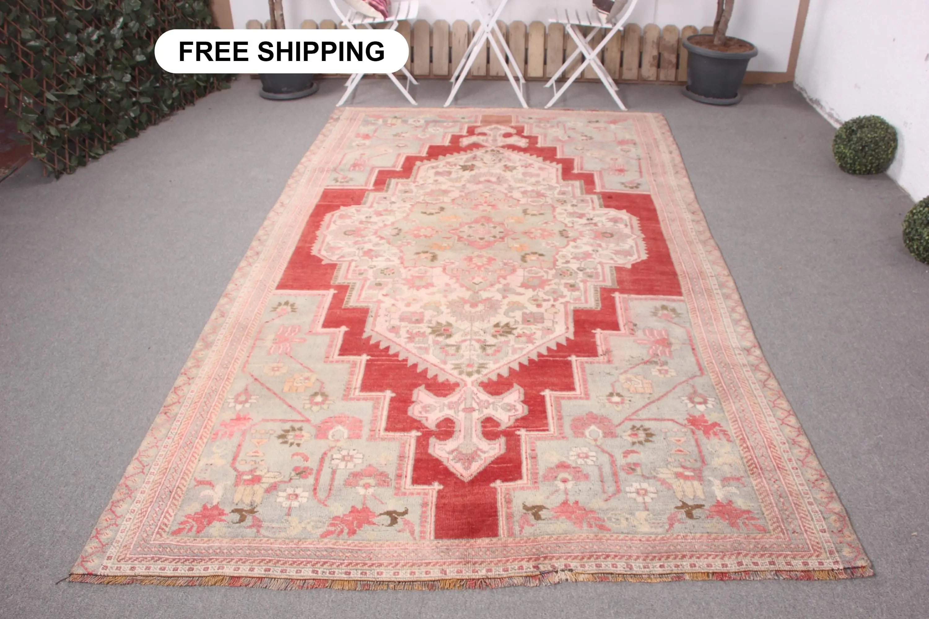 Eleganter grün-roter Teppich, 5,7 x 9,4 Fuß, floral und geometrisch - 1