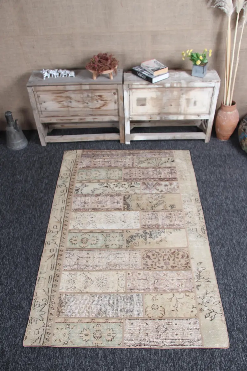 Türk Halısı, Küçük 3.8x5.8 ft Halı, Patchwork Bej Patchwork Halı - 1