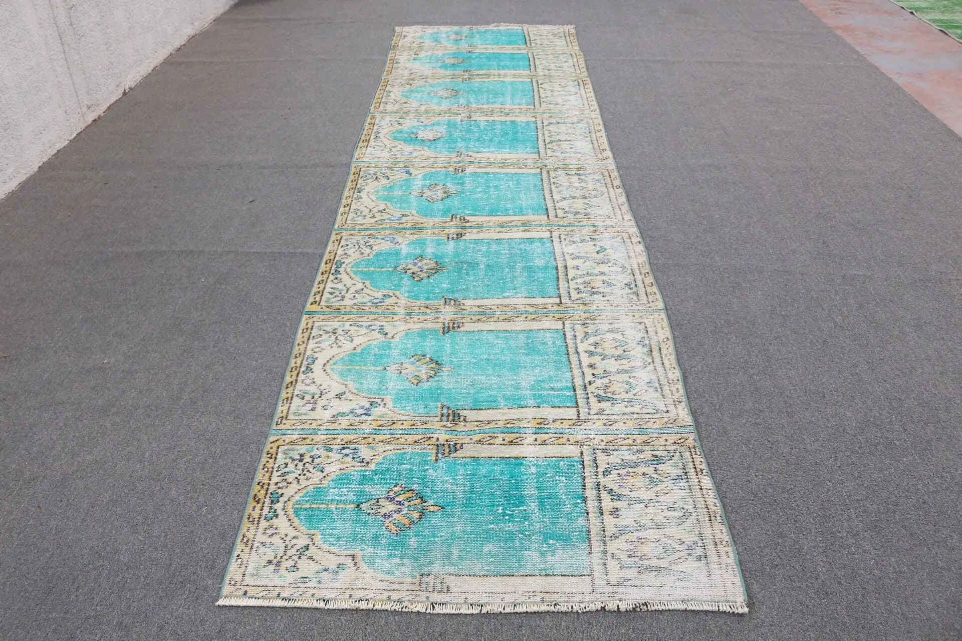 Turkish 3.6x13.5 ft Rug, Vintage Rug, Blue Southwestern Wool Rug - 1