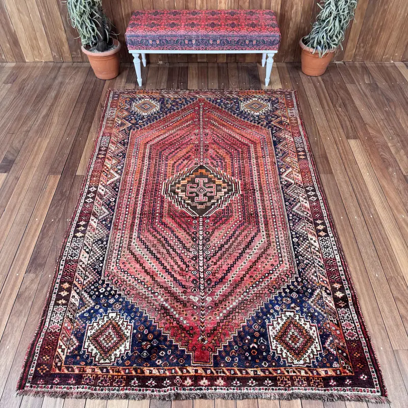 Turkish Vintage Rug, 5.2x8 ft Large Rug, Red Oushak Plants & trees Rug - 1