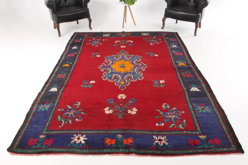 Vintage Rug, 6.5x9.5 ft Large Rug, Red Plants & trees Wool Turkish Rug - 1
