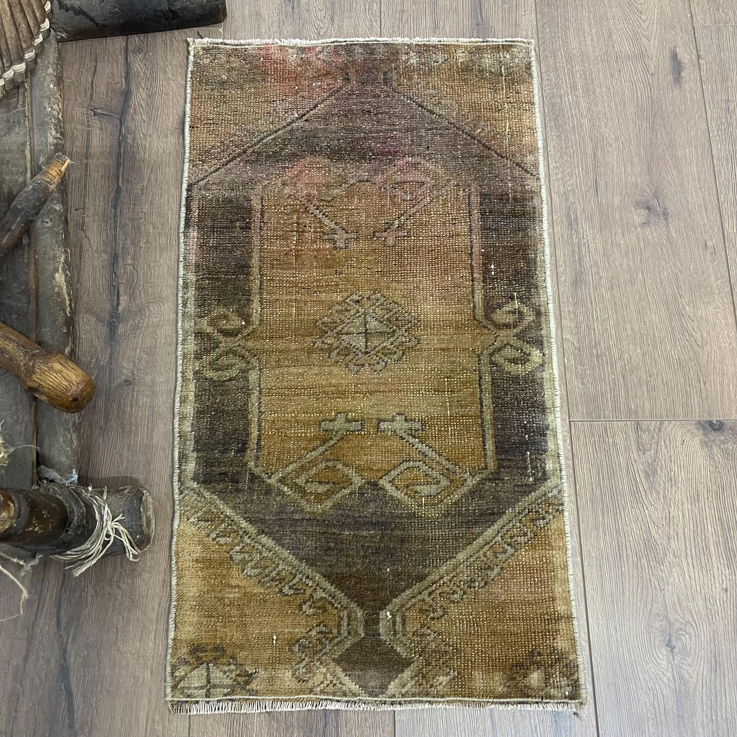 Vintage Rug, 1.3x2.4 ft Small Rug, Brown Striped Wool Turkish Rug - 1
