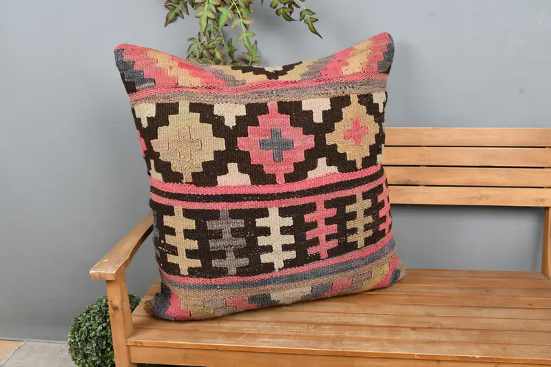 Almohada de lanzamiento bordada geométrica rosa y marrón, cojín vintage