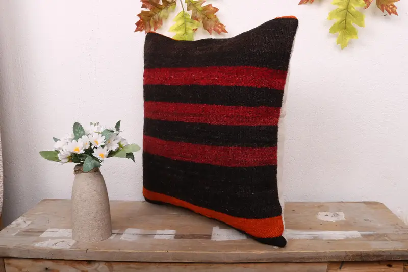 Vintage Kilim Pillow, Square Throw Cushion Case, Pillow Sham, Vintage Kilim Throw Pillow, 16x16 Brown Pillow, Handmade Kilim Cushion - 4