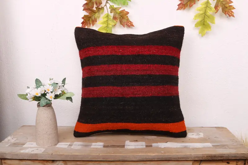 Vintage Kilim Pillow, Square Throw Cushion Case, Pillow Sham, Vintage Kilim Throw Pillow, 16x16 Brown Pillow, Handmade Kilim Cushion - 1