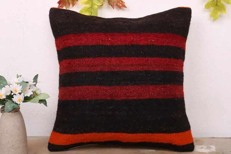 Vintage Kilim Pillow, Square Throw Cushion Case, Pillow Sham, Vintage Kilim Throw Pillow, 16x16 Brown Pillow, Handmade Kilim Cushion - 2