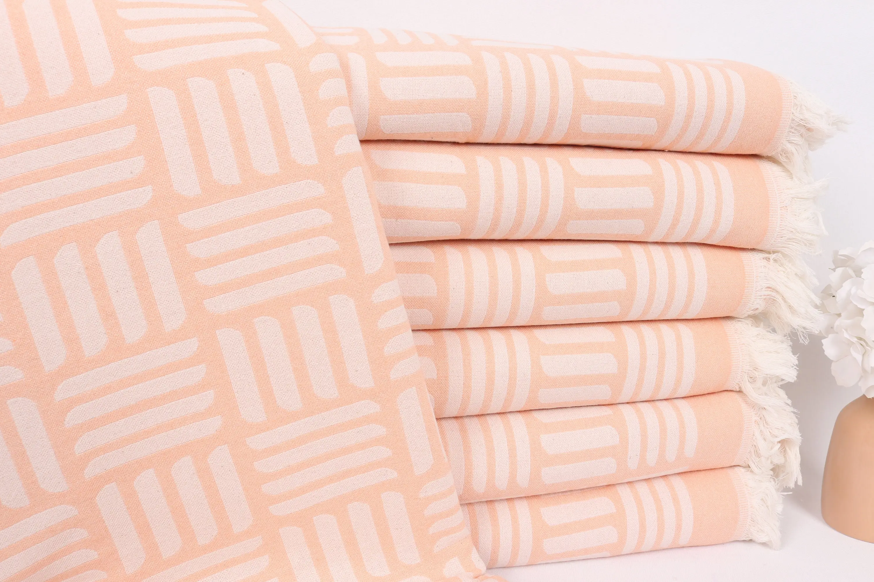 Geometric Coral Cotton Blanket, 87x95 Inches, Organic, Dyed, Quilted - 1