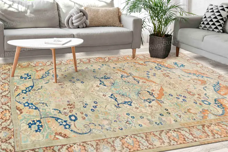 ネイビーブルーブラウンメダリオン花柄プリントラグ - エスニックパターン