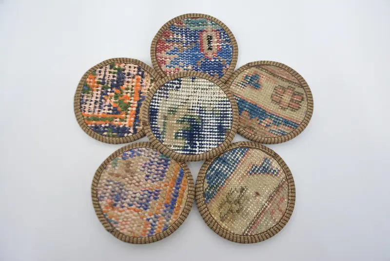 Bohemian Round Coaster, Blue and Beige Non-Slip Pad Coaster