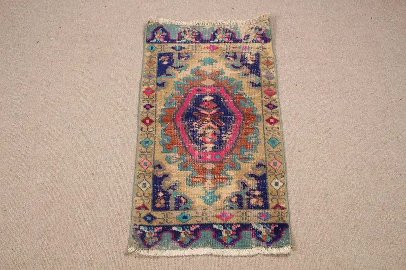 Vintage Türk Halısı 1.6x2.8 ft, Oushak Mavi Bitkiler ve ağaçlar Yün Halı - 1