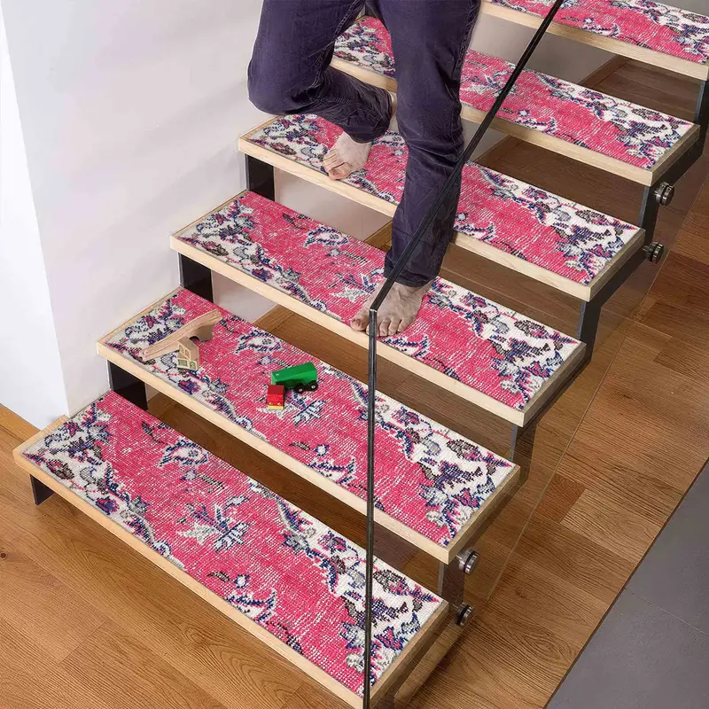 Red & Navy Blue Ethnic Kilim Stair Rug, Printed Design