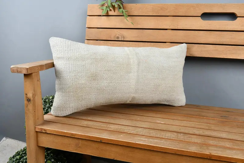 Boho Throw Pillow, Handmade Kilim Cushion, Antique Pillows, 12x24 Beige Pillow Sham, Ethnical Kilim Rug Pillow, Pillow Case - 1