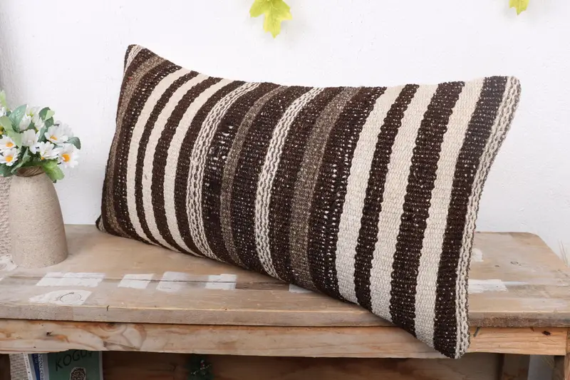 Turkish Pillow, Indoor Cushion, Handwoven Pillow Cover Pillow, 12x24 Beige Pillow Cover, Gift Pillow, Pillow Sham, Vintage Kilim Throw Pillow - 4