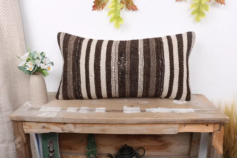 Turkish Pillow, Indoor Cushion, Handwoven Pillow Cover Pillow, 12x24 Beige Pillow Cover, Gift Pillow, Pillow Sham, Vintage Kilim Throw Pillow - 1