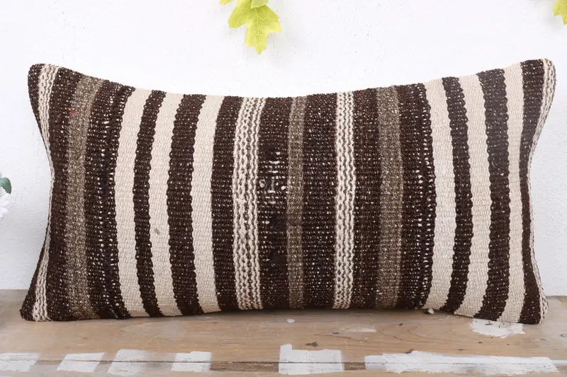 Turkish Pillow, Indoor Cushion, Handwoven Pillow Cover Pillow, 12x24 Beige Pillow Cover, Gift Pillow, Pillow Sham, Vintage Kilim Throw Pillow - 2