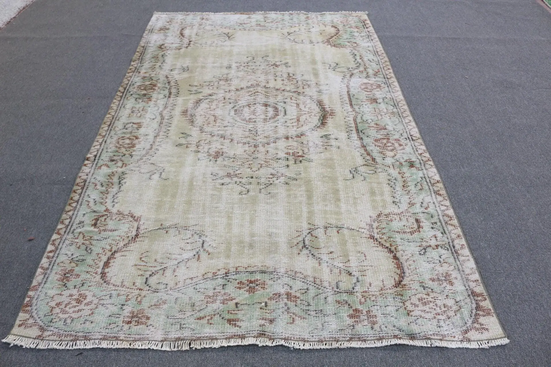 Türk Halısı 5.1x8.1 ft, Yeşil Kahverengi Hayvan Baskı Yün Vintage Halı - 1