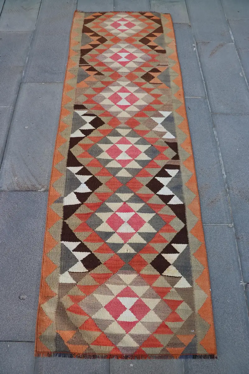Turkish Vintage Runner Rug 2.5x7.7 ft, Orange Brown Oriental Wool Rug - 1