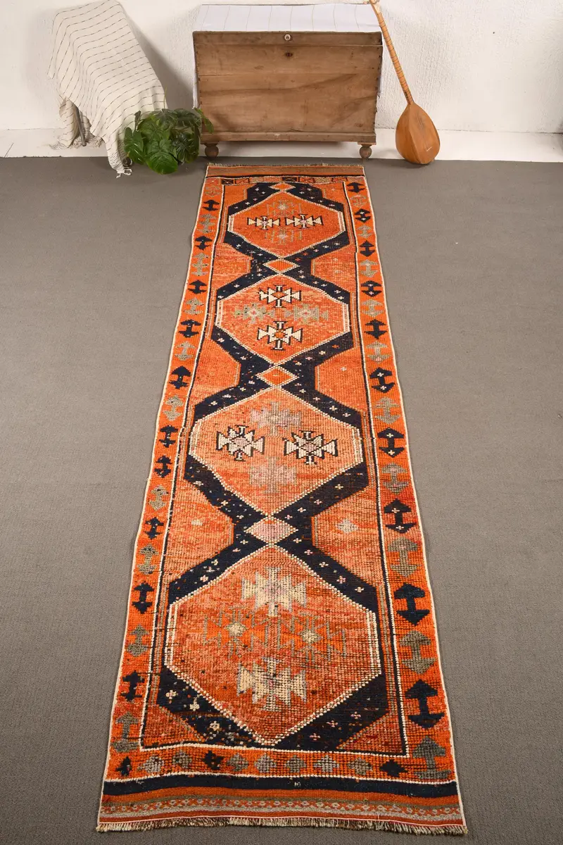 Vintage Türkischer Teppich 3x11,6 ft (90x355 cm), Herki Orange Wollteppich - 1