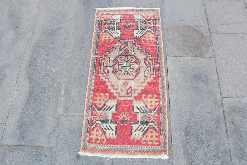 Turkish Vintage Rug, 1.4x3.1 ft Oushak Rug, Red Blue Ikat Wool Rug - 1