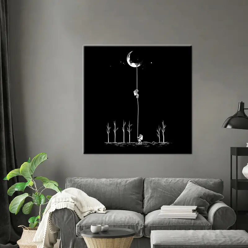 月と宇宙飛行士プリントキャンバス: ブラック、子供部屋の装飾