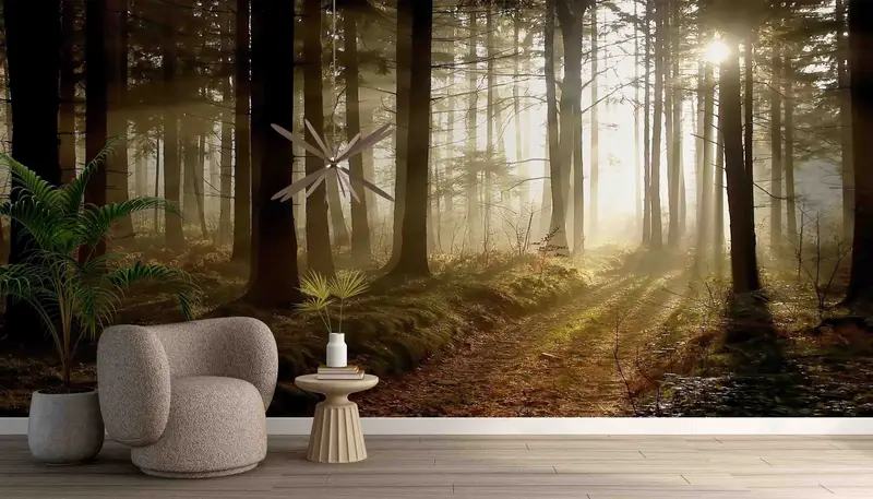 Zarif Puslu Orman Gün Batımı Baskılı Duvar Kağıdı - Doğanın Güzelliği