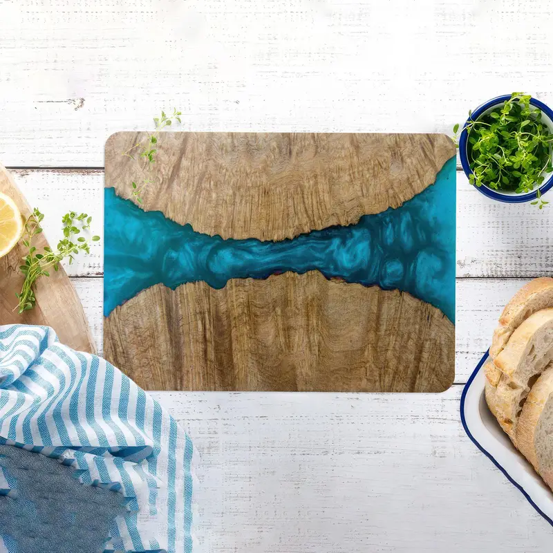 木目柄ブルー樹脂注入ガラスまな板