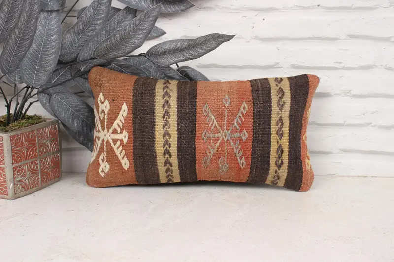 Kilim Cushion Sham, 8x16 Brown Pillow Cover, Antique Pillows, Christmas Pillow Cover, Bed Pillow Cover, Cushion Case, Boho Pillow Sham Cover - 1