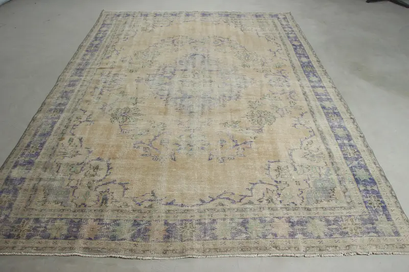 Alfombra Oushak vintage turca de 2,1 x 3,8 m, alfombra de lana floral de gran tamaño azul - 1