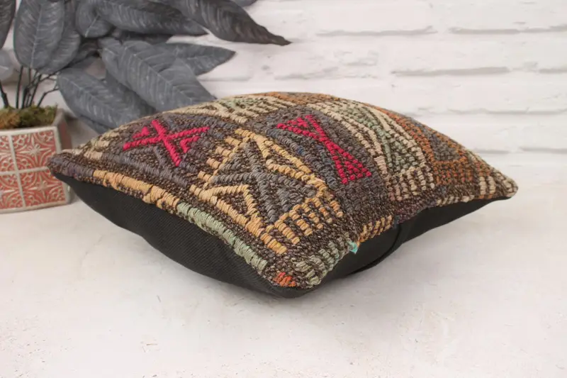 Decorative Pillow, Accent Throw Cushion, Kilim Cushion Sham, 14x14 Brown Pillow, Pillow, Handmade Pillow Sham, Home Decor Pillow, Throw Kilim Pillow - 5