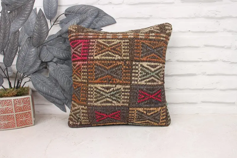 Decorative Pillow, Accent Throw Cushion, Kilim Cushion Sham, 14x14 Brown Pillow, Pillow, Handmade Pillow Sham, Home Decor Pillow, Throw Kilim Pillow - 1