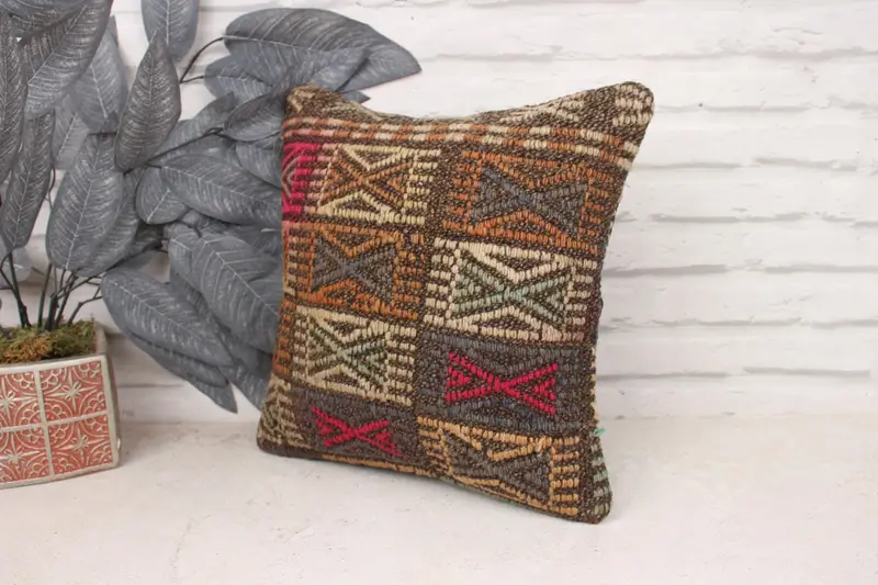 Decorative Pillow, Accent Throw Cushion, Kilim Cushion Sham, 14x14 Brown Pillow, Pillow, Handmade Pillow Sham, Home Decor Pillow, Throw Kilim Pillow - 4