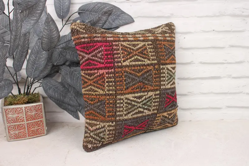 Decorative Pillow, Accent Throw Cushion, Kilim Cushion Sham, 14x14 Brown Pillow, Pillow, Handmade Pillow Sham, Home Decor Pillow, Throw Kilim Pillow - 3