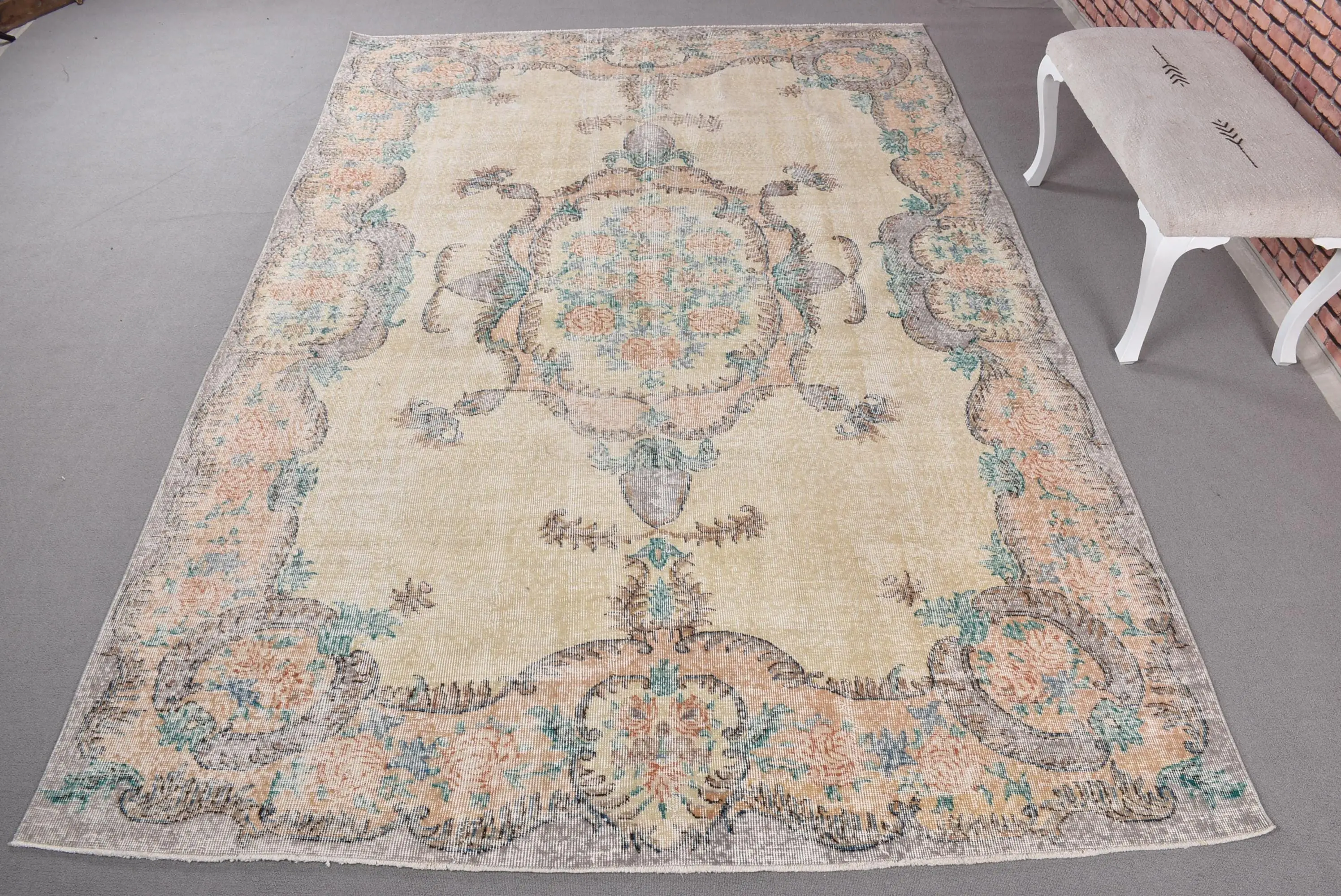 Vintage Turkish Rug, 7x10.3 ft Rug, Blue Brown Abstract Wool Rug - 1