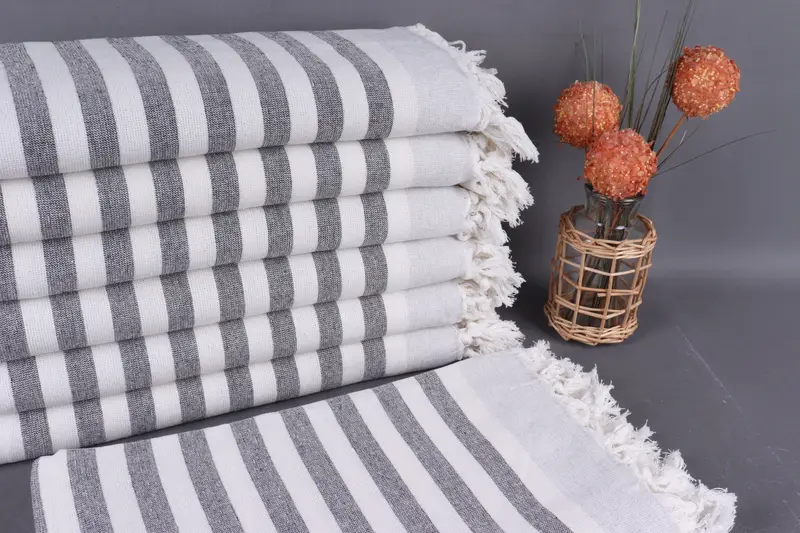 Turkish Bath Towel Light Gray Striped, Embroidered, 40x67 Inches