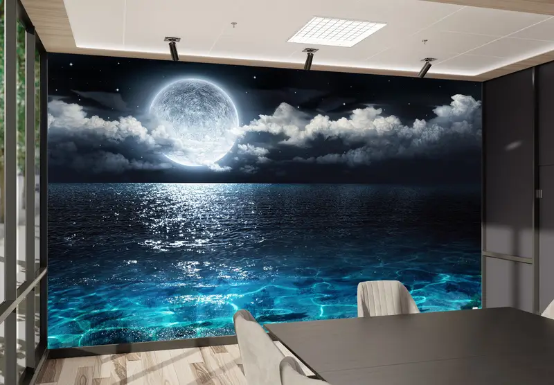 Modern Baskılı Duvar Kağıdı: Deniz Manzarası ve Dolunay Görünümü