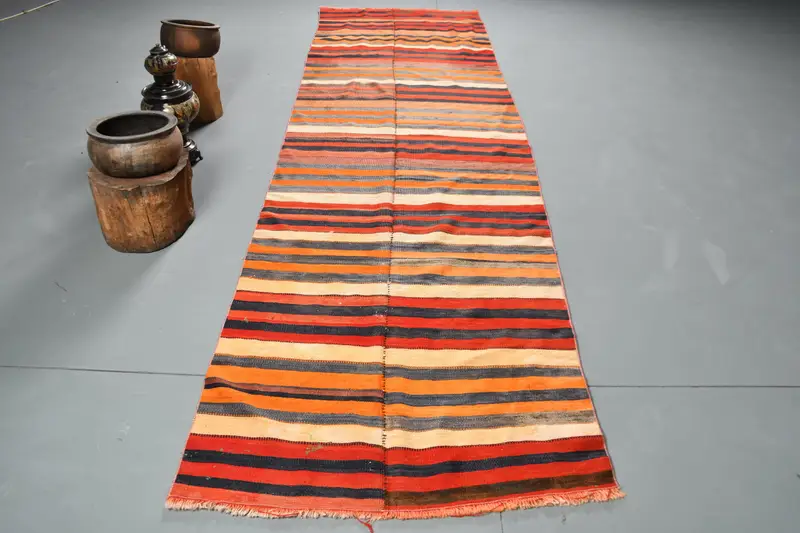 Vintage Turkish Rug, 3.3x10.9 ft Kilim Rug, Red Black Abstract Rug - 1
