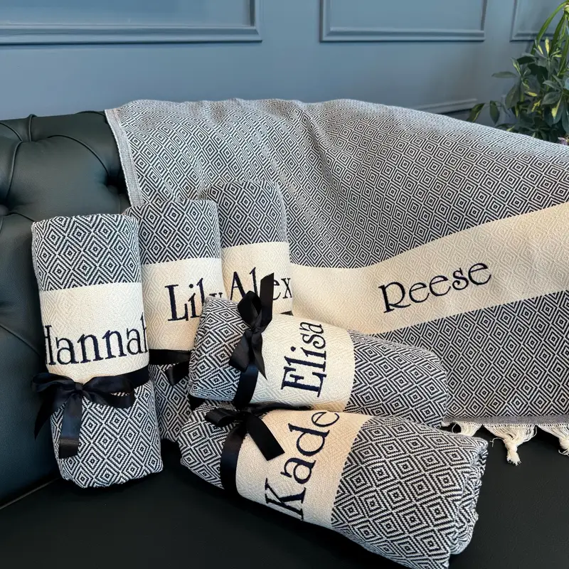 Personalized Turkish Cotton Beach Towel White Embroidery, 100x180 cm