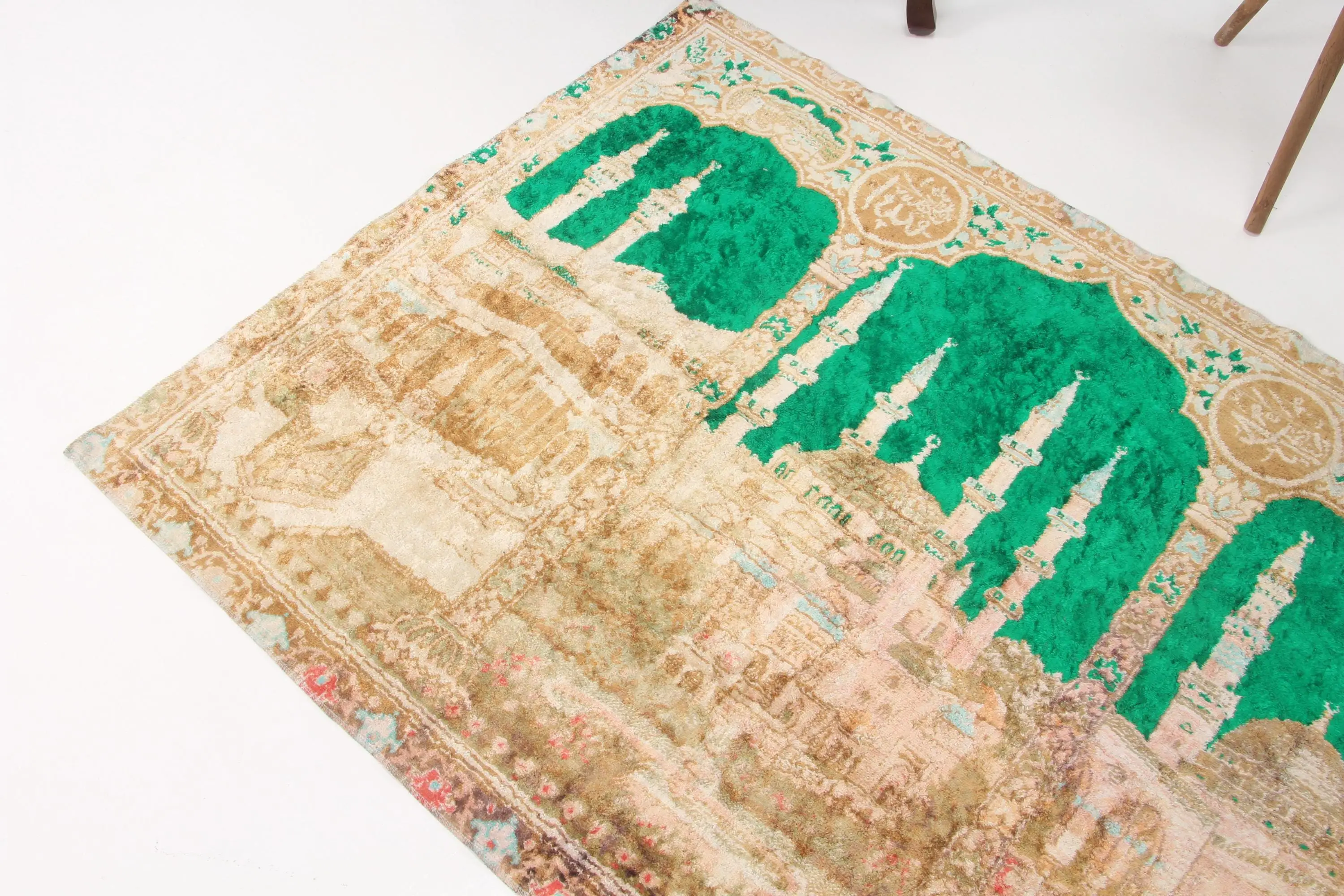 Vintage Turkish Accent Rug 3.6x4.9 ft, Green Brown Oriental Wool Rug - 1