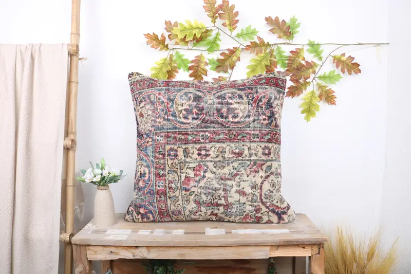 24x24 Blue Cushion, Boho Pillow, Turkish Kilim Pillow, Toss Cushion Cover, Pillow Case, Muted Cushion, Ethnic Throw Cushion Case, Kilim Pillow Cover - 1