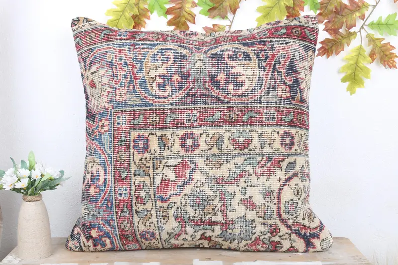 24x24 Blue Cushion, Boho Pillow, Turkish Kilim Pillow, Toss Cushion Cover, Pillow Case, Muted Cushion, Ethnic Throw Cushion Case, Kilim Pillow Cover - 2