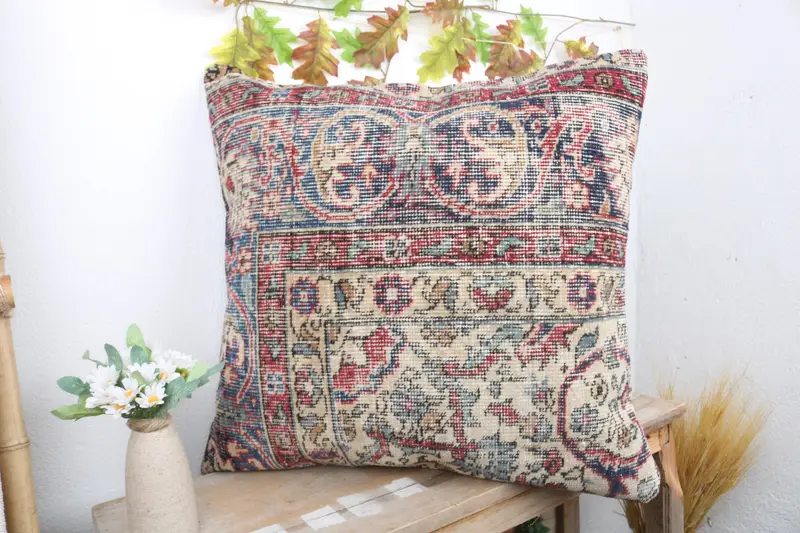 24x24 Blue Cushion, Boho Pillow, Turkish Kilim Pillow, Toss Cushion Cover, Pillow Case, Muted Cushion, Ethnic Throw Cushion Case, Kilim Pillow Cover - 4