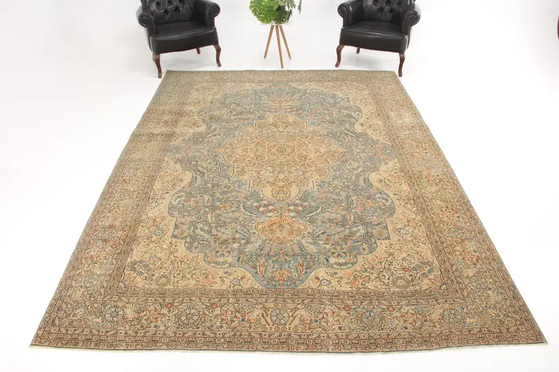 Vintage 8.1x11.4 ft Halı, Büyük Boy Türk Halısı, Mavi Kahverengi Puantiyeli Yün Halı - 1
