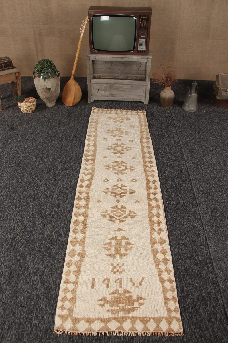 Vintage 2,4x8,8 ft Teppich, türkischer Läuferteppich, beige brauner massiver Wollteppich - 1